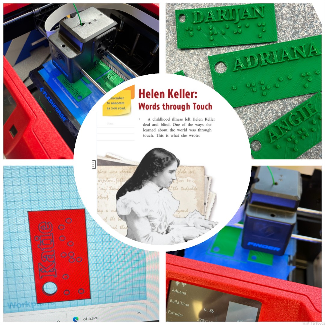 Students in second grade are  working on a cool project! They read about Helen Keller, and learned about how she read Braille. They used the 3D printer and learned how to create in Tinkercad to print keychains with their names in Braille! #d60learns <a href="/D60HolmesTech/">Lissa Blake</a>