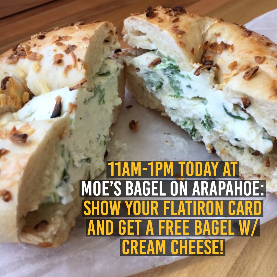Stop by the Moe's Bagel location at 3075 Arapahoe Ave today between 11AM-1PM and get a FREE bagel with cream cheese when you show your Flatiron Meal Plan card! Limit 1 free bagel per cardholder.