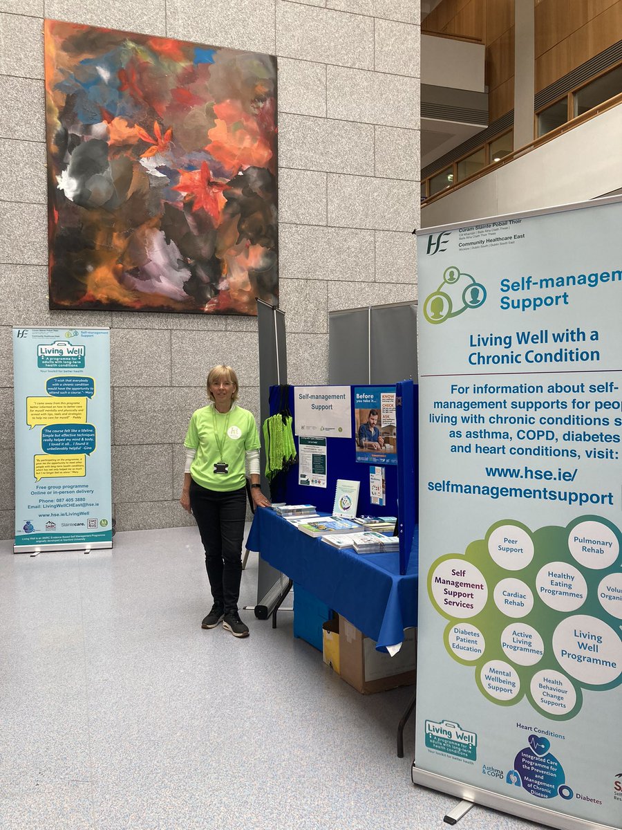 Delighted to attend the SVUH Health Fair today to share information about #HSESelfmanagementSupport and the #HSELivingWellProgramme with staff, patients and others. Contact us at 087 4053880 or email LivingWellCHEast@hse.ie for details on upcoming programmes in our area