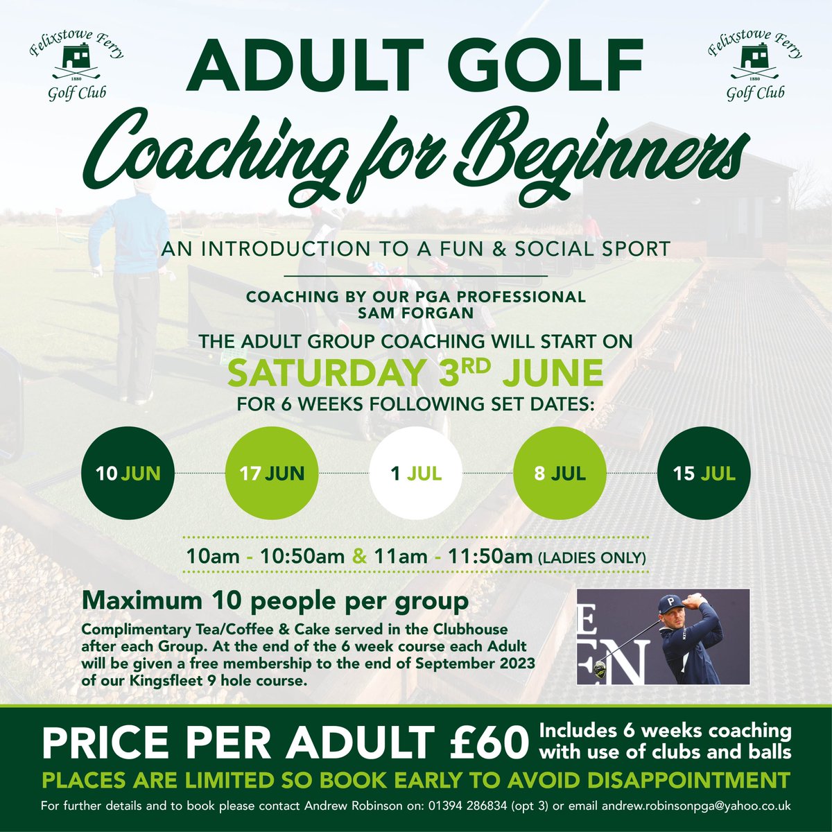 FelixstoweFerryGolf (@felixstoweferry) on Twitter photo Adult Group Coaching courses start on Saturday 3rd June. If you are thinking of giving golf a go, this is a great way to try. We have limited availability with <a href="/SamForgan/">Sam Forgan</a> via Felixstowe Ferry Professional Shop make contact either by phone or email to book your place 👍🏼🏌🏼♂️🏌🏼♀️ Adult Group Coaching courses start on Saturday 3rd June. If you are thinking of giving golf a go, this is a great way to try. We have limited availability with <a href="/SamForgan/">Sam Forgan</a> via Felixstowe Ferry Professional Shop make contact either by phone or email to book your place 👍🏼🏌🏼♂️🏌🏼♀️