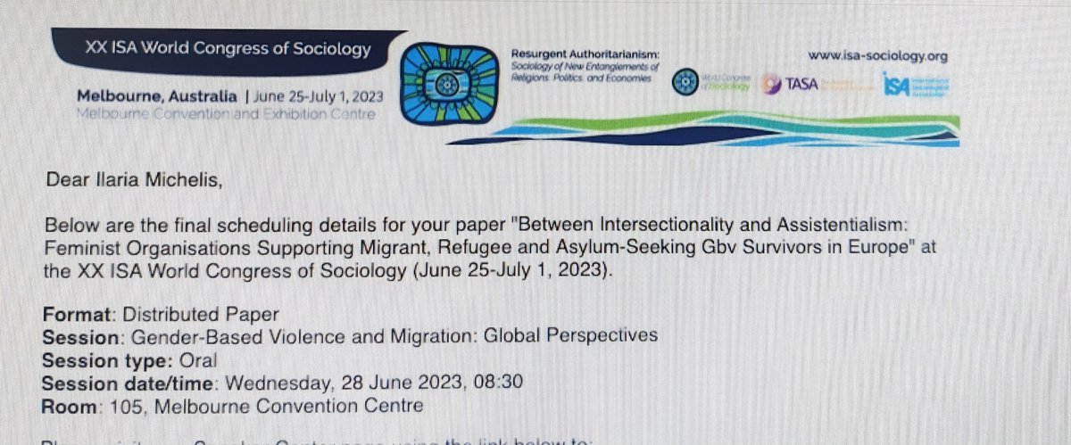 Schedule is here for my contributions at #isawcs23 in June!!! 1.Distributed paper on feminist organisations supporting migrant and refugee survivors of #GBV 2.Oral presentation on resistance to #LGBTQIAInclusion in #HumanitarianAid. Exciting to see my research out in the world😁