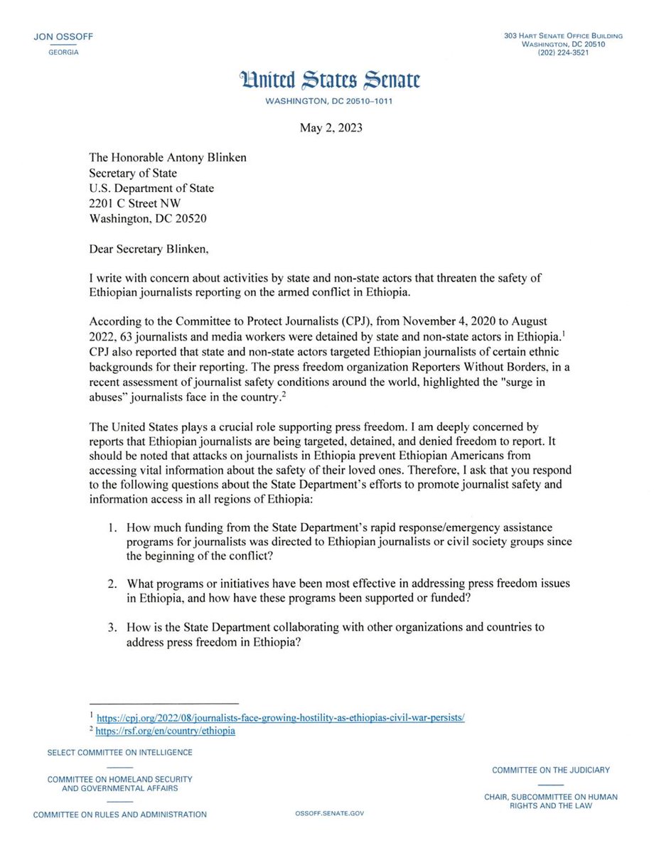 AAA_Amhara's tweet photo. 📢#UPDATE: @SenOssoff (D-GA) issued a letter to the office of @SecBlinken @StateDept regarding press freedom in Ethiopia amidst mass arrests of journalists. AAA met with Sen. Ossoff's office in its recent virtual congressional fly-in.

#JournalismIsNotACrime #FreeAmharaDetainees https://t.co/zmIbsj3mvr
