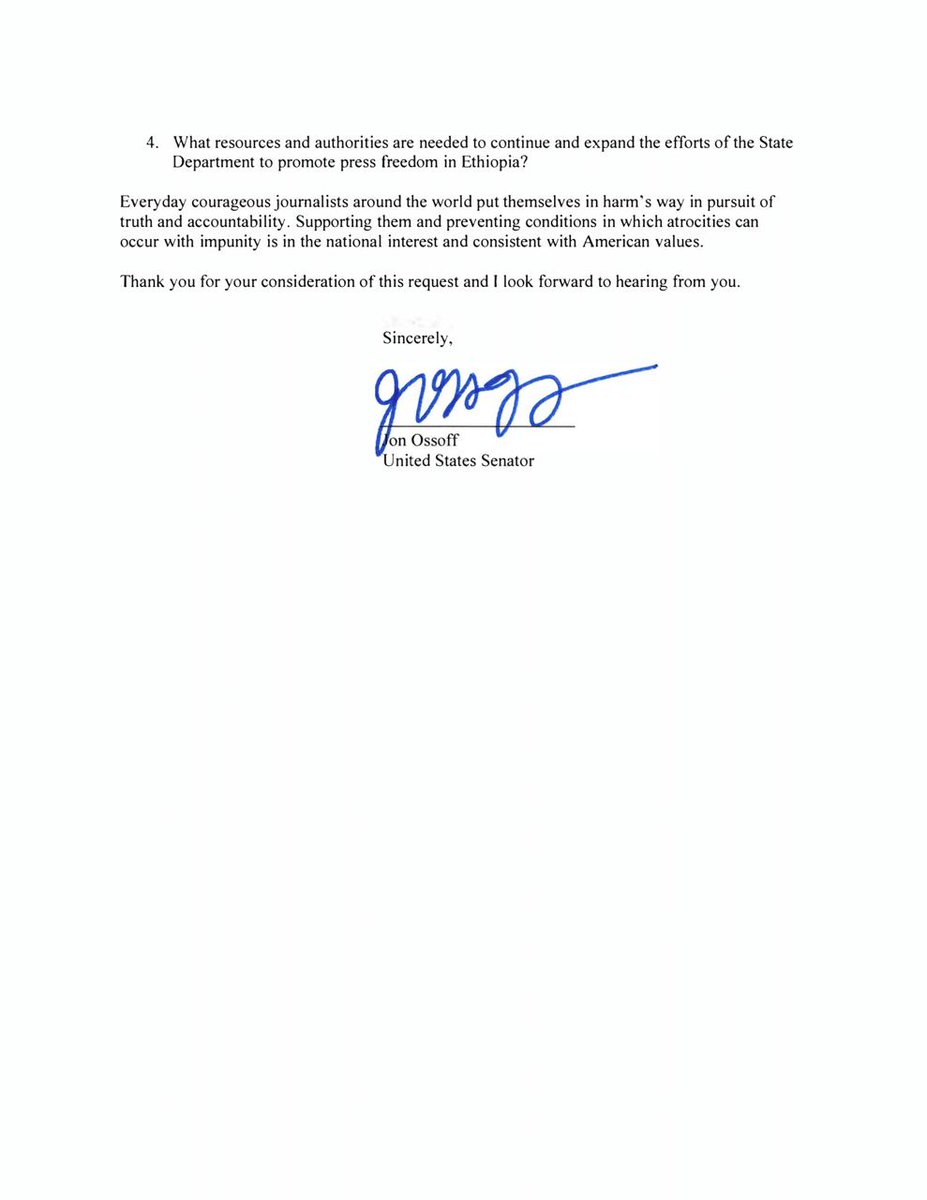 AAA_Amhara's tweet photo. 📢#UPDATE: @SenOssoff (D-GA) issued a letter to the office of @SecBlinken @StateDept regarding press freedom in Ethiopia amidst mass arrests of journalists. AAA met with Sen. Ossoff's office in its recent virtual congressional fly-in.

#JournalismIsNotACrime #FreeAmharaDetainees https://t.co/zmIbsj3mvr