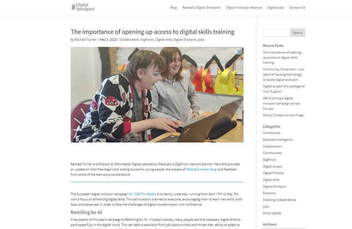 SMBC_Digital's tweet image. In the last of our #ADWeeks2023 blogs on #DigitalStockport, Rachael Turner from @madlabuk talks about their beginners’ coding course and the importance of opening up access to digital skills training.
#DigiKnow @GMCADigital #FixTheDigitalDivide
orlo.uk/L9I0W