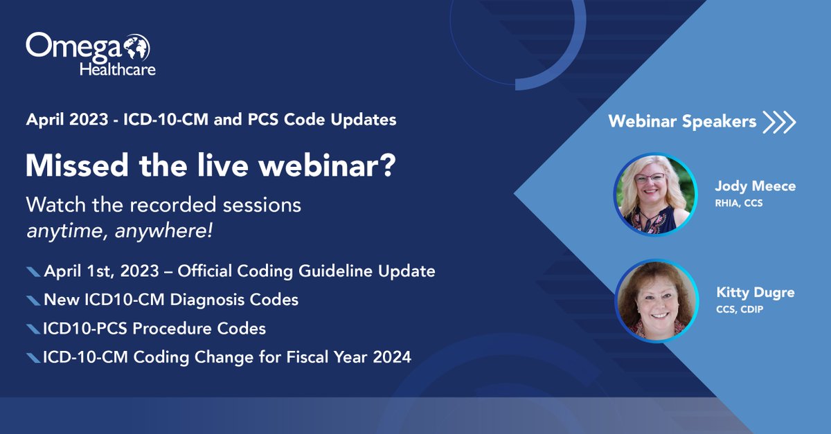 Omega_HMS's tweet image. Missed the live webinar on ‘April 2023 - ICD-10-CM and PCS Code Updates’? You can now stream the recorded session via our on-demand webinar initiative. Watch it here: bit.ly/44nH03U
#CodingWebinar #OnDemand #PCSCodeUpdates
