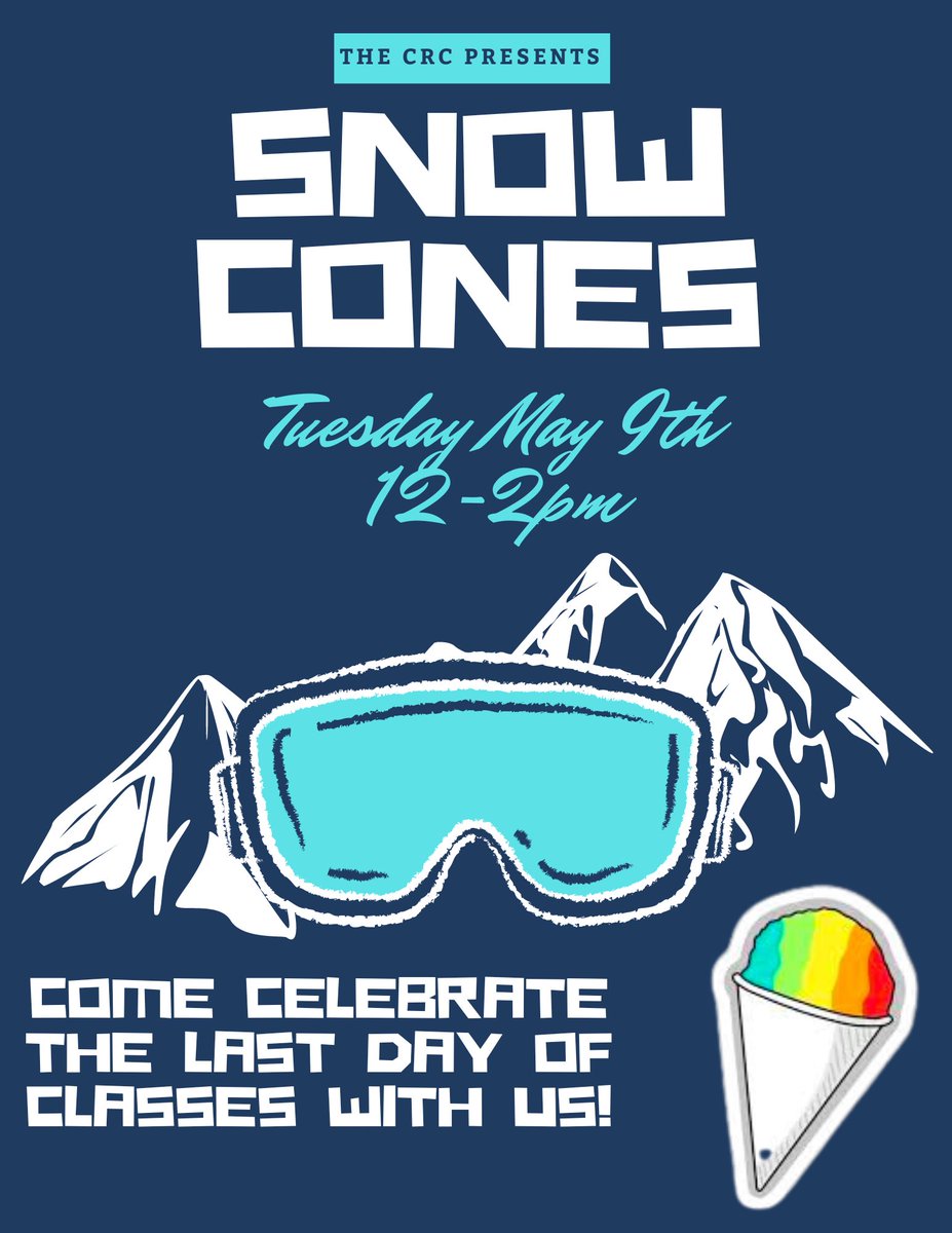 Join us next Tuesday, May 9th for snow cones in the CRC. Cool down on the last day of classes and de-stress before finals💙 ❄️we hope to see you there #ElonEd