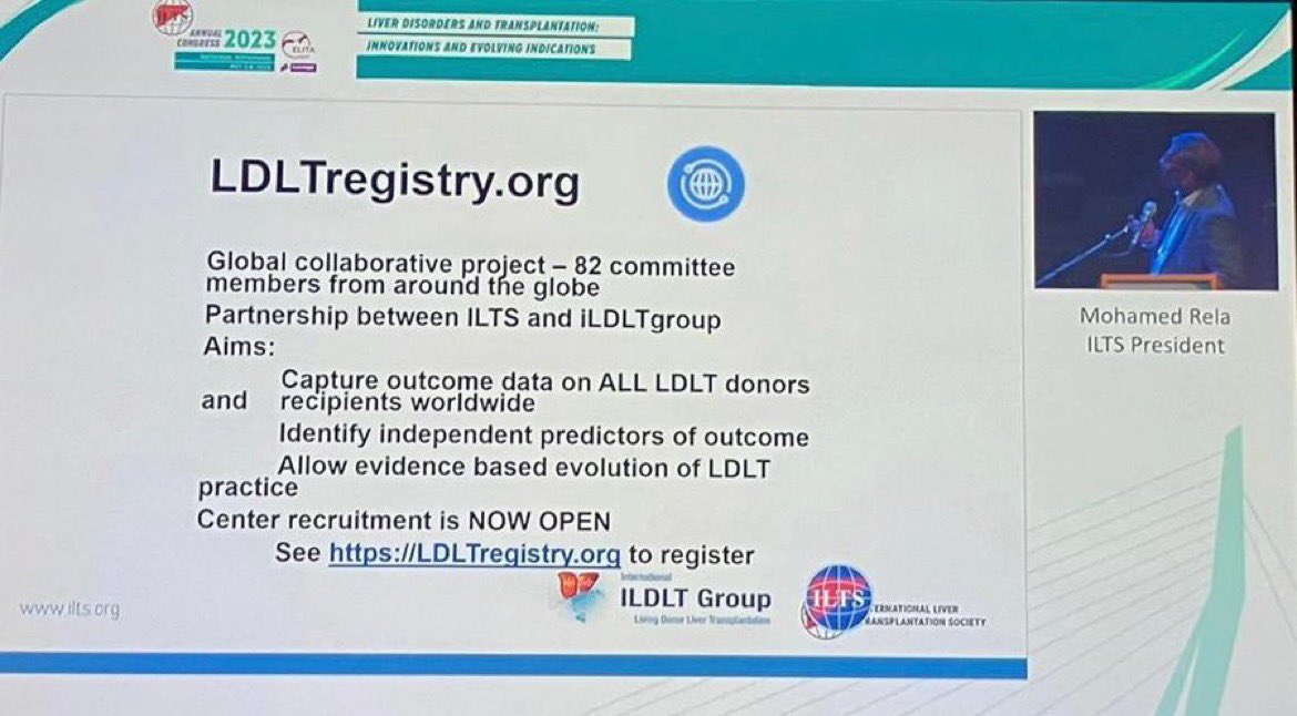 🗣Presidential address #ILTS2023 
🎯LDLTregistry.org aims 
🏨 Center recruitment is open
👬 Case submission will start 1 September, 2023 
👉 register now! 
Join us at the LDLTregistry.org booth
#ILTS #iLDLTgroup