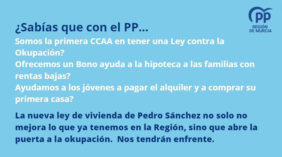 👉Mientras Sánchez olvida el problema de la okupación ilegal, el gobierno de Fernando López Miras nos sitúa como la primera comunidad autónoma en tener una Ley contra la Okupación