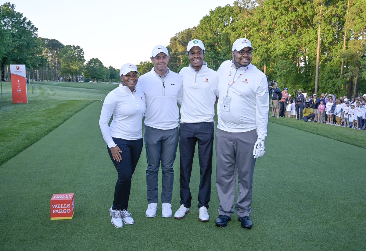 WellsFargoGolf's tweet photo. These HBCU students got to tee it up with @McIlroyRory in today's Pro-Am, thanks to @WellsFargo &amp; @FirstTee!

#WellsFargoChampionship https://t.co/0wYVLHXTHd