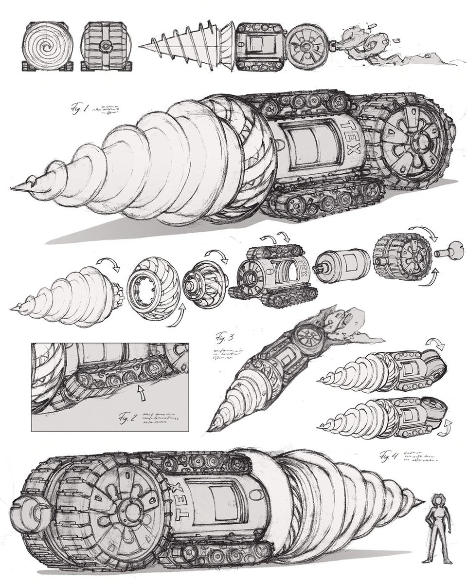 A new drill truck design. Was going for a design that looks like it can twist and turn underground while it drills picks up and process the dirt, spraying it behind the truck as it moves.
What do you think?
#conceptart #sketch #steampunkart