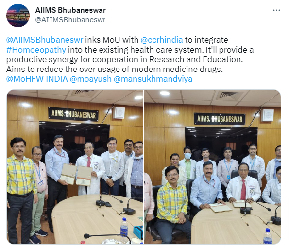 theliverdoc's tweet photo. All India Institute of Medical Sciences, Bhubaneswar, Odisha has signed a memorandum of understanding with the Central Council for Homeopathy to integrate Homeopathy into the hospital's existing modern healthcare system.

The aim of this, as per the Institute authorities, is to reduce over usage of modern medicine drugs.

I am confused. How does that work out?
A patient comes with bacterial pneumonia - prescribe him antibiotics for 2 days and Homeopathy for 3 days? Or if a person requires chemotherapy for acute leukemia, give 3 cycles of chemotherapy and then next 3 cycles would be Homeopathy? Or if someone needs symptomatic care, proescribe a set of alcohol-diluted formulations or water based nothing and cheat them from getting real medications?

Homeopathy was invented at a time when the light bulb never existed. It is old, primitive, a pre-scientific era artefact and a mistake on humankind. It is the longest running circus in healthcare in the world.

Integration of Homeopathy into modern medicine is cheating the public & lying to the patients. It is an insult to the country's public health program. A waste of tax payers money on this Institution. 

The only use of Homeopathy in modern medicine is to use it as water to swallow modern medicine pills and capsules and nothing else.

All of these people smiling for the camera in this photograph, have deceived themselves first and now prepared to decieve their paients. Congratulations to the AIIMS Bhubaneswar team.