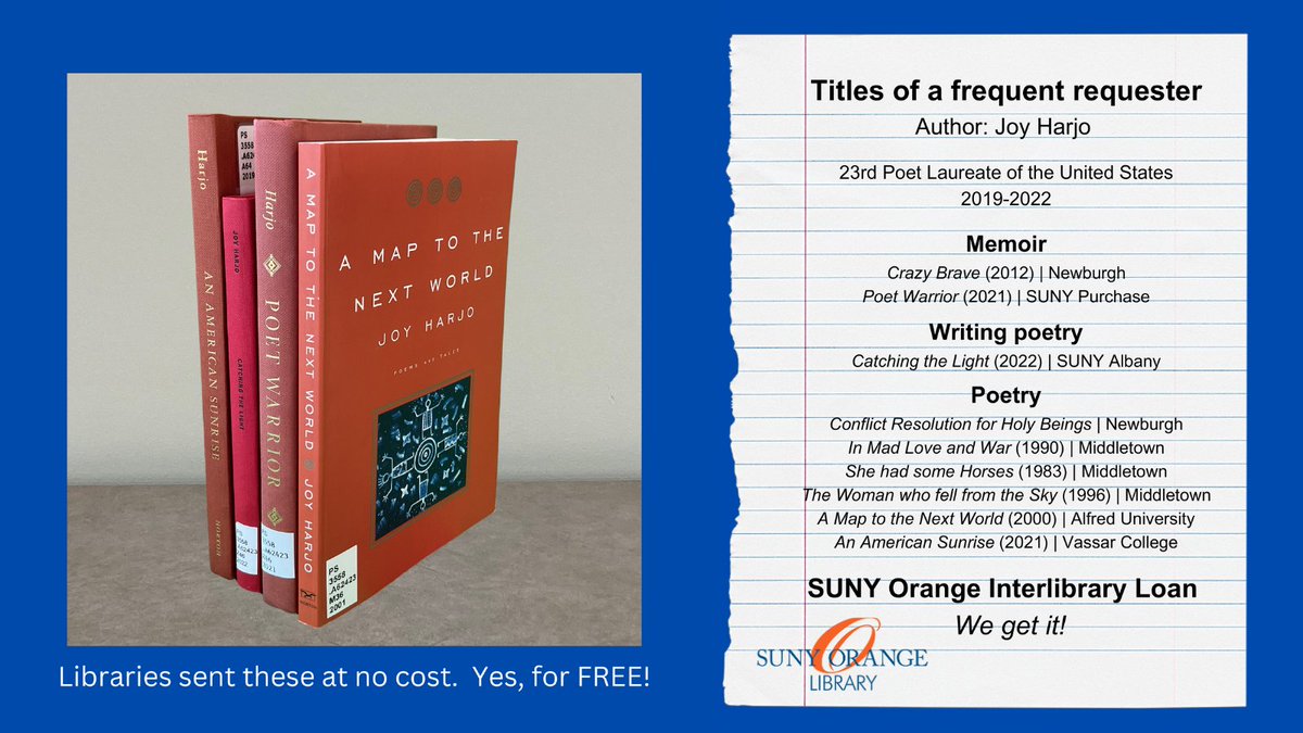 SUNY_OrangeLIB's tweet photo. National Poetry Month doesn't have to end❗️ A SUNY Orange Librarian found the Muscogee (Creek) poet Joy Harjo last semester🙂  The books owned by SUNY Orange Libraries weren't enough, so Interlibrary Loan came to the rescue at no cost📚#interlibraryloan #SOLibraries #SoAwesome https://t.co/ZVDLLeJ16x