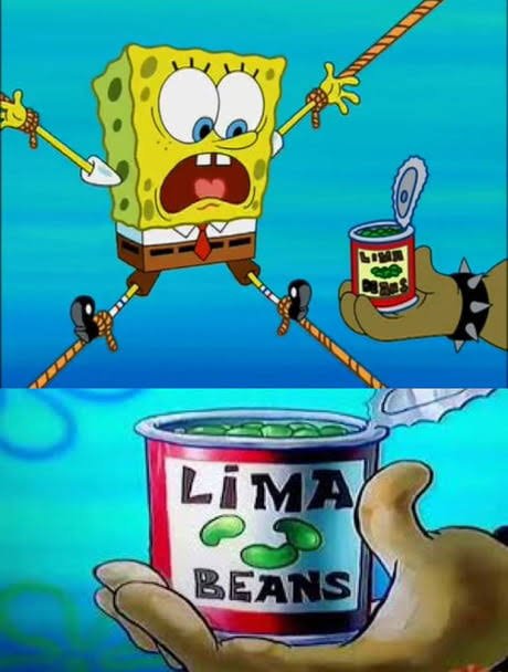 RYatanagi's tweet image. I finally found a reference's origin that no one else on the internet found before.
The lima bean joke in the season 3 SpongeBob episode, "Krabby Land" is a reference to a scene of the jail fight in the 1994 Leslie Nielsen's movie Naked Gun 33 1/3.
#spongebob #nakedgun #limabean