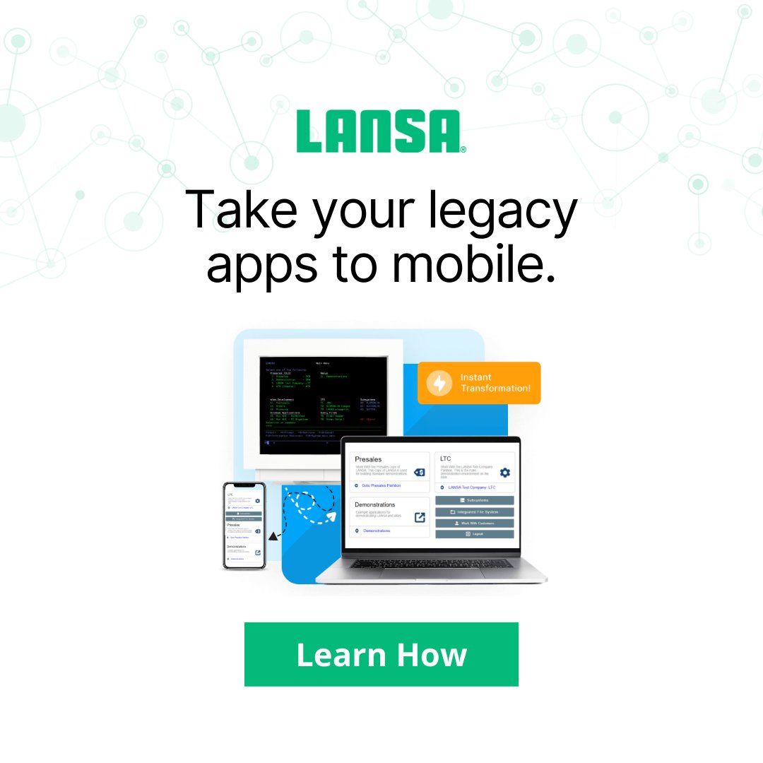 LANSA's tweet image. LANSA helps you create mobile applications based on your green-screen legacy applications. You can start building your user-friendly and responsive mobile application now. Here’s how: lansa.com/blog/ibm-i/how…

#IBMi #ModernizeIBMi #IBMiApplications #LegacyTech #IBMi2023 #RAD