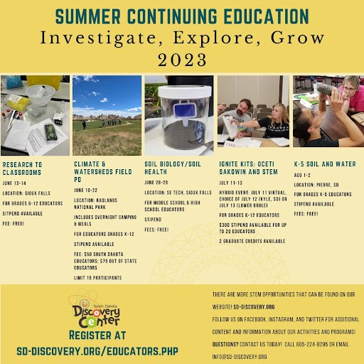 SoDakDiscovery's tweet photo. PROFESSIONAL DEVELOPMENT OPPORTUNITIES! 

South Dakota teachers and educators, you can now sign up for our Summer PD programs. Join in as we investigate, explore, grow.

Pre-register online at https://t.co/ylhR0B5H9C. https://t.co/KnhIZlXyZK