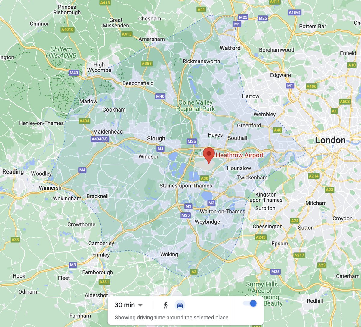 TravelTimeAPI's tweet image. Google Maps have launched their own isochrone feature & it’s underwhelming. Our isochrones are built for accuracy - and we offer public transport too. Compare here: bit.ly/3gvh1zU