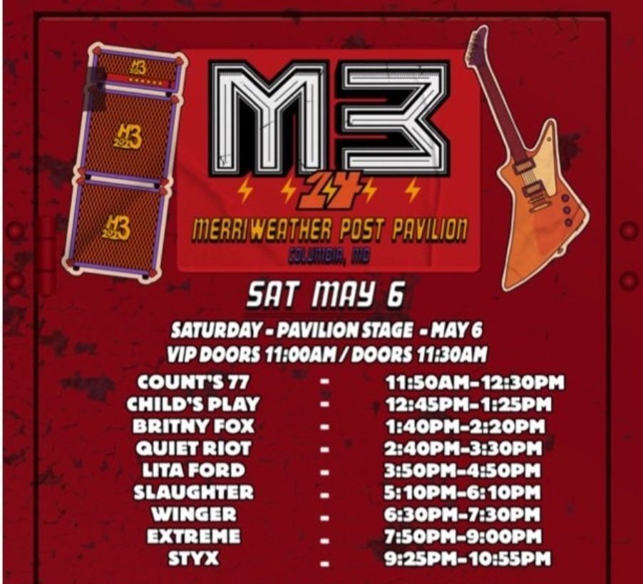 anderssonmarten's tweet photo. I am going to a party this Saturday night! Running order for Sat @M3RockFestival lineup, great bands! Can't wait to Rock. We go on at 3:50 pm 🤘
#LitaFord #BobbyRock #PatrickKennison #MartenAndersson #BritneyFox #QuietRiot #Slaughter #Winger #extreme #styx #M3 #Counts77 https://t.co/uqjtcnoSaP