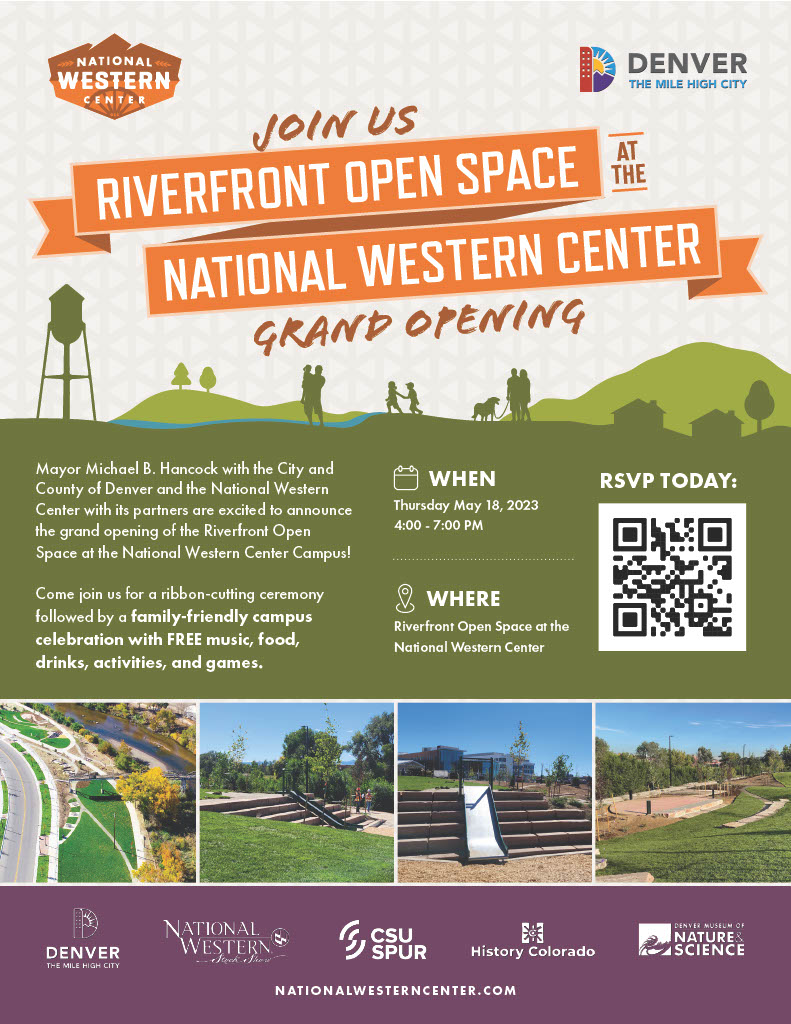 DiscoverTheWest's tweet image. FREE food, drinks, music, activities and games! Join us for a community celebration as we officially open the Riverfront Open Space at the new #NationalWesternCenter Campus. May 18 4-7pm at Riverfront at the NWC.  bit.ly/3LUbnYI
@CSUSpur @NationalWestern @CityofDenver