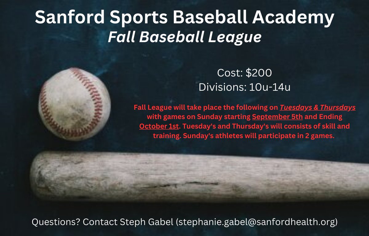 Sanford Sports Baseball Academy will be hosting camps/leagues that we want to see YOU at!! Register for the Camps/Leagues below!! All Skills Camp: sanfordsports.sportngin.com/register/form/… Summer League: sanfordsports.sportngin.com/register/form/… Fall League: sanfordsports.sportngin.com/register/form/…