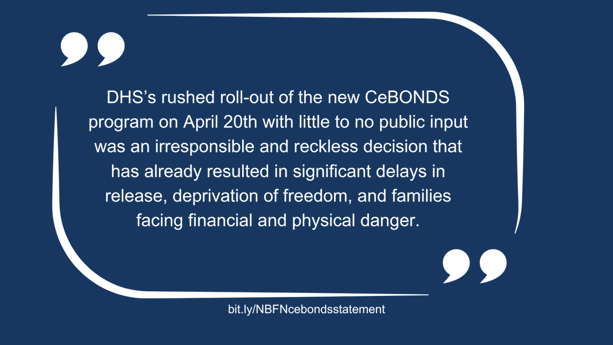 On April 20th, ICE launched CeBONDS, an online bond payment system that will replace in-person payments beginning June 1st. The roll-out has been disastrous, affecting families' ability to get loved ones out. Read our full statement here: bit.ly/NBFNcebondssta…