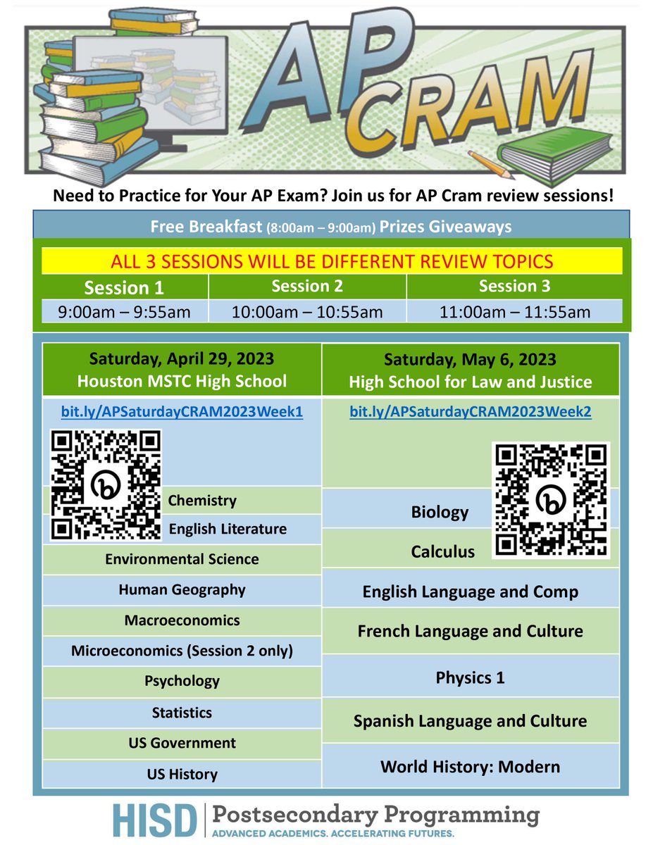 AP Cram #2 is this Saturday. Register today at bit.ly/APSaturdayCRAM…. All 3 sessions will be different review topics. Come out and get real-time help. @HISDHighSchools @HISD2College @APforStudents @HISD_Advanced