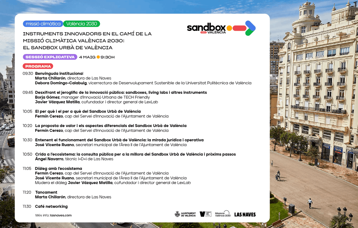 vlcinnovation's tweet photo. SANDBOX 🔴 Demà no pots faltar a la sessió explicativa de la nova ordenaça, en tràmit de consulta pública fins al 29/05, del #Sandbox Urbà de #València, els #laboratoris urbans on es poden assajar #innovacionstecnològiques de forma controlada abans de ser comercialitzades. https://t.co/HAT1hXEP0L