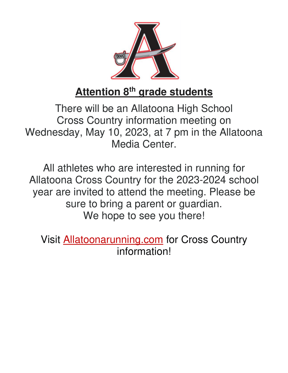 toona_athletics's tweet photo. Attn #BucNation - Interested in XC this fall? There is an informational meeting Wednesday, May 10th, at 7:00 PM in the Allatoona Media Center! Don't miss it! #GoBucs #AnchoredInExcellence @cobbschools @cobb_sports https://t.co/Hz48tdr5aU
