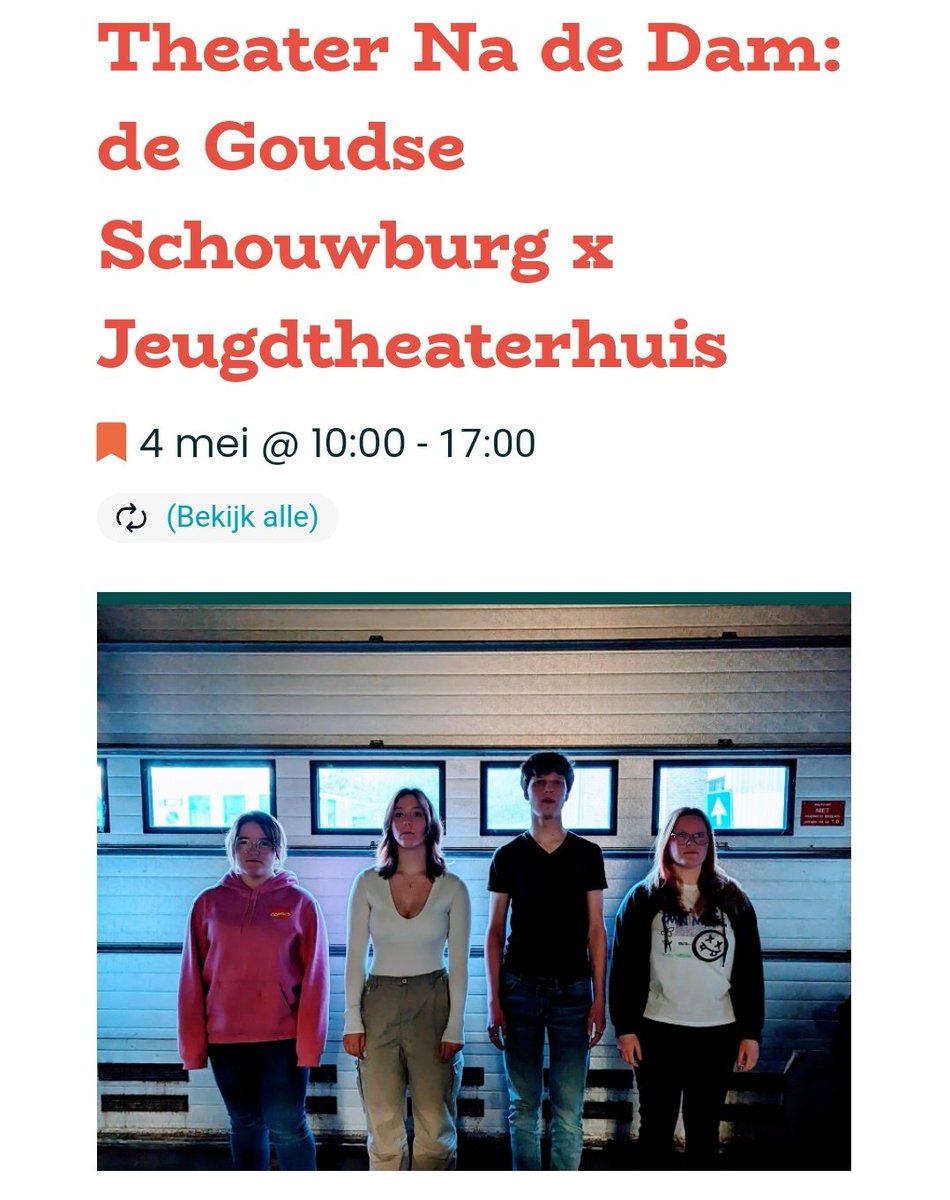 Aansluitend op de herdenking organiseren De Goudse Schouwburg en Het Jeugdtheaterhuis Zuid-Holland een voorstelling; Theater Na de Dam. Dit project levert bijzonder theater op op basis van een samenwerking tussen jong en oud.

Meer info en tickets: goudseschouwburg.nl/s25099/Theater…