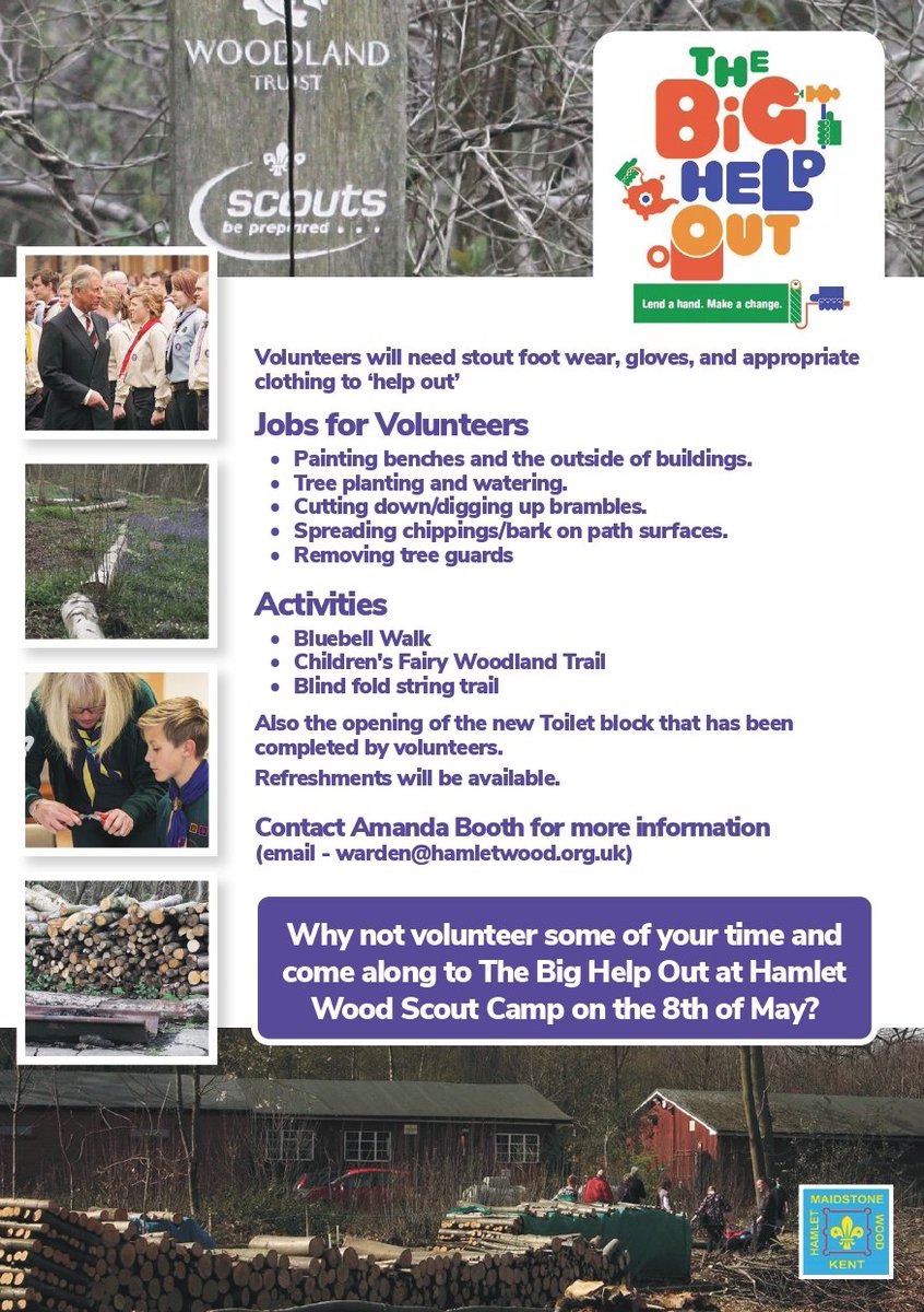 Come and volunteer with us on the 8th May for the Big Help Out!

We'll also have a Bluebell Walk through the woods, Children's Fairy Woodland Trail and a Blindfold String Trail! 🌲🌳 #HamletWoodScoutCampsite #TheBigHelpOut #Maidstone