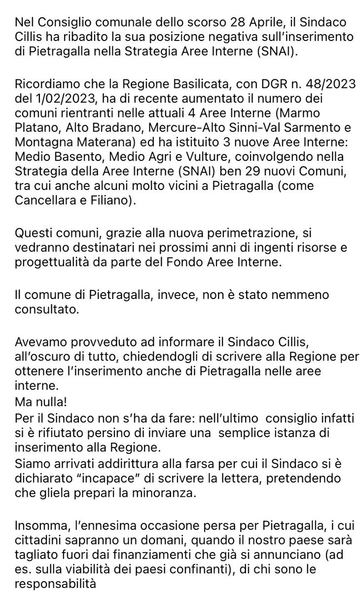 PerPietragalla's tweet photo. AREE INTERNE: PER IL SINDACO NON S’HA DA FARE https://t.co/GNd7qoiN5n