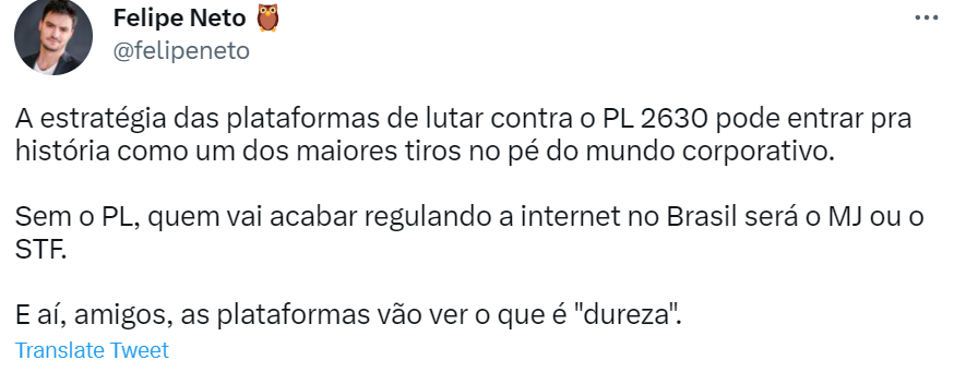 Leo Siqueira (@leosiqueirabr) on Twitter photo Oi, Felipe Neto.
Eu vi que você não gostou que a votação do PL das FakeNews foi adiada e tem lutado forte pela sua aprovação.
Deixa eu dizer como anda uma Lei de Fake News num país que usou as mesmas justificativas, a Russia.
Dica: <a href="/felipeneto/">Felipe Neto 🦉</a>, não tá indo muito bem... Oi, Felipe Neto.
Eu vi que você não gostou que a votação do PL das FakeNews foi adiada e tem lutado forte pela sua aprovação.
Deixa eu dizer como anda uma Lei de Fake News num país que usou as mesmas justificativas, a Russia.
Dica: <a href="/felipeneto/">Felipe Neto 🦉</a>, não tá indo muito bem...