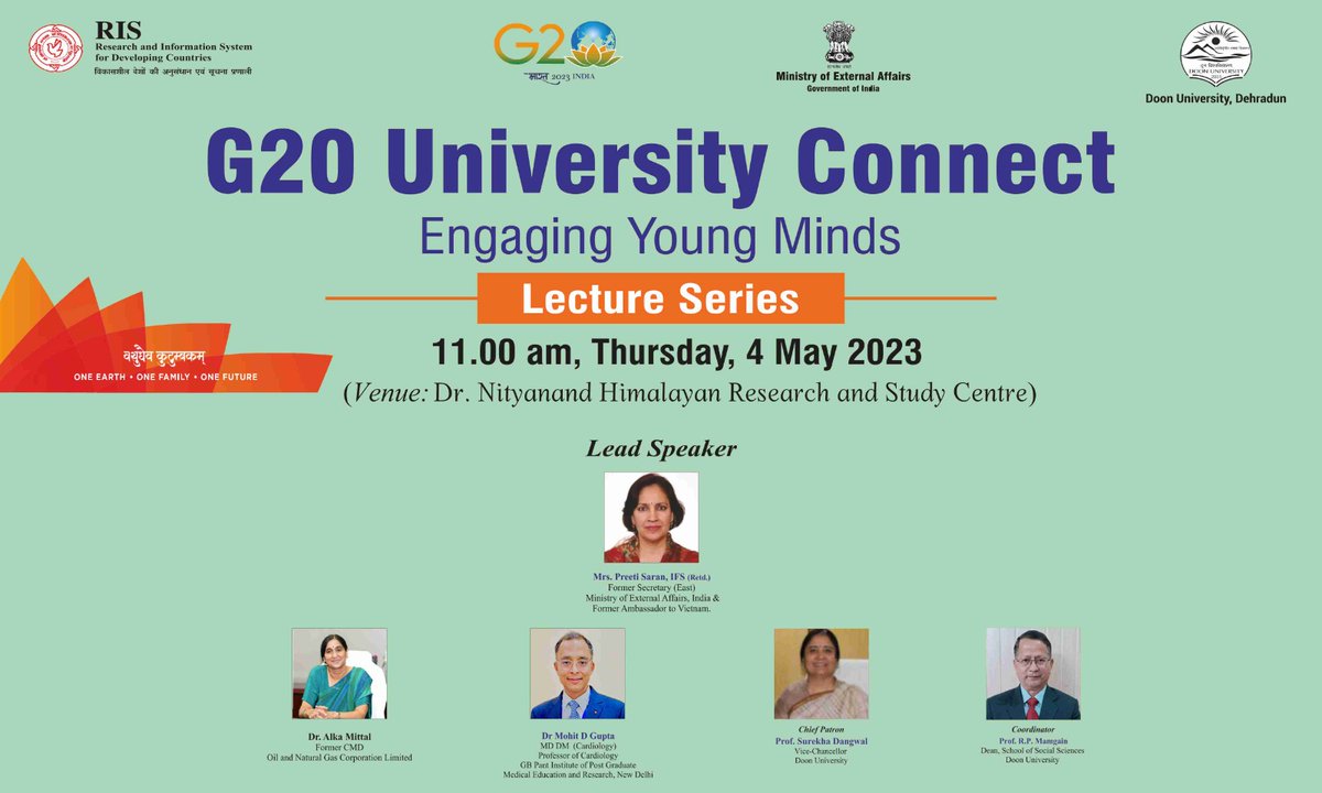 DeptEconomics's tweet photo. Please join G20 University Connect, Engaging Young Mind.
Distinguished Speaker 
Mrs. Preeti Saran, IFS (Retd.)- Former Foreign Secretary (East), GoI
Invited Speakers
Dr. Mohit D. Gupta, MD DM (Cardiologist), Professor of Cardiology.
Dr. Alka Mittal, Former CMD, ONGC. @g20org #G20 https://t.co/wMjT9WG506