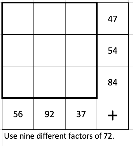 Start your day with this #yohaku. Fill in cells with 9 different factors of 72 to get totals shown in each row/column.