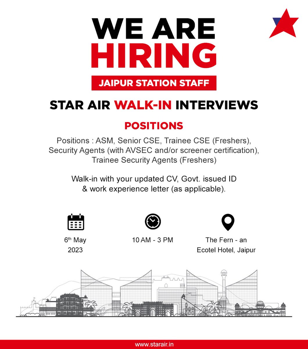 OfficialStarAir's tweet photo. Take off to the vast sky of opportunitiesπ«
Apply now for a chance to be a part of our S5 Constellation
#OfficialStarAir #WeCare #ConnectingReallndia #FlyNonStop #FlyWithStarAir #SGGRising #FlySmartWithS5 #WeAreS5 #Hiring #AirlineRecruitment #AviationHiring #Technician https://t.co/MlFz6cTsHN