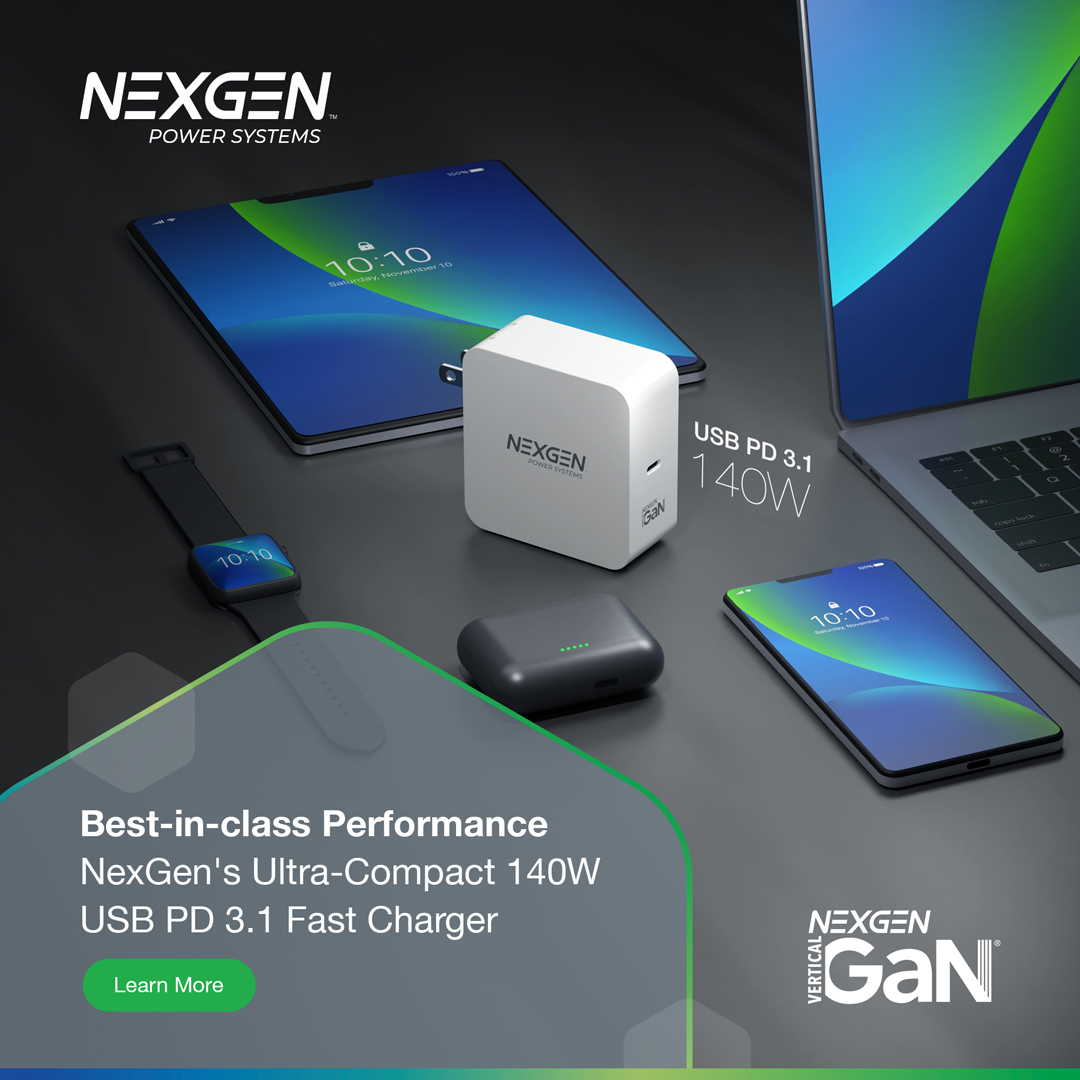 NexgenPower's tweet photo. Check out the NexSys 140W, the ultra-compact, lightweight USB PD 3.1 charger leveraging NexGen's superior Vertical GaN technology

Click here to know more. https://t.co/IUUsxPTFTx

#semiconductortechnology #powersystems #gan #powersupplies #powersemiconductor #GaNonGaN https://t.co/BaG0EbufWI