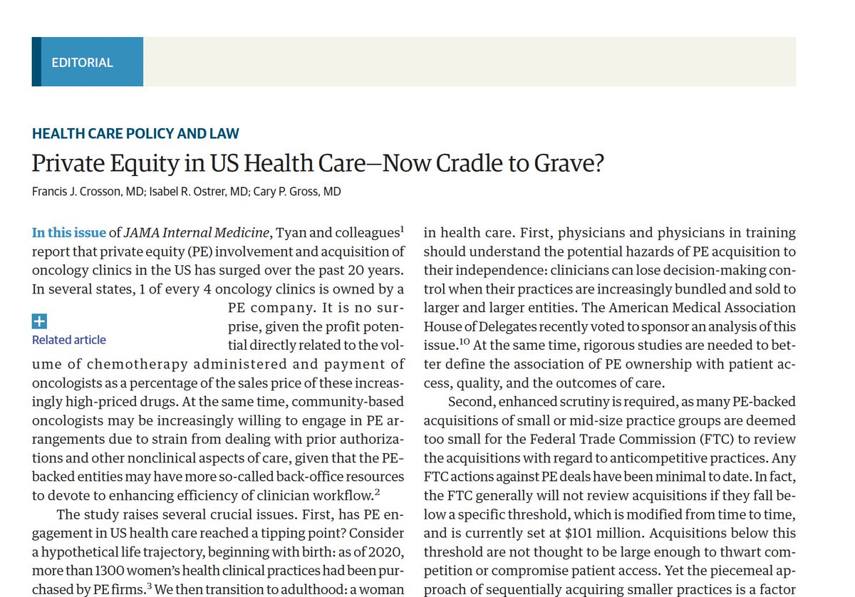 Cary Gross (@cpgyale) on Twitter photo <a href="/iostrer/">Isabel Ostrer</a> <a href="/DGlaucomflecken/">Dr. Glaucomflecken</a> <a href="/YaleMed/">Yale School of Medicine</a> <a href="/YaleIMed/">Yale Internal Medicine</a> <a href="/JAMA_current/">JAMA</a> <a href="/NicoleKuderer/">Dr K., MD, MS, FASCO 🌎🇺🇸🇪🇺🇺🇦🌏</a> <a href="/mleapman/">Michael Leapman</a> @simon_p_kim <a href="/KevinTyan1/">Kevin Tyan</a> @Mirandalamm @ysingh_hopkins <a href="/janemzhu/">Jane Zhu</a> <a href="/healthecon_dan/">Daniel Polsky</a> What to do? We need to stop incentivizing buy-outs with tax loopholes, FFS billing schema; increase federal scrutiny of mergers, acquisitions; enhance our understanding of the impact of PE ownership (greater transparency, urgent research)
bit.ly/3VovocK <a href="/iostrer/">Isabel Ostrer</a> <a href="/DGlaucomflecken/">Dr. Glaucomflecken</a> <a href="/YaleMed/">Yale School of Medicine</a> <a href="/YaleIMed/">Yale Internal Medicine</a> <a href="/JAMA_current/">JAMA</a> <a href="/NicoleKuderer/">Dr K., MD, MS, FASCO 🌎🇺🇸🇪🇺🇺🇦🌏</a> <a href="/mleapman/">Michael Leapman</a> @simon_p_kim <a href="/KevinTyan1/">Kevin Tyan</a> @Mirandalamm @ysingh_hopkins <a href="/janemzhu/">Jane Zhu</a> <a href="/healthecon_dan/">Daniel Polsky</a> What to do? We need to stop incentivizing buy-outs with tax loopholes, FFS billing schema; increase federal scrutiny of mergers, acquisitions; enhance our understanding of the impact of PE ownership (greater transparency, urgent research)
bit.ly/3VovocK