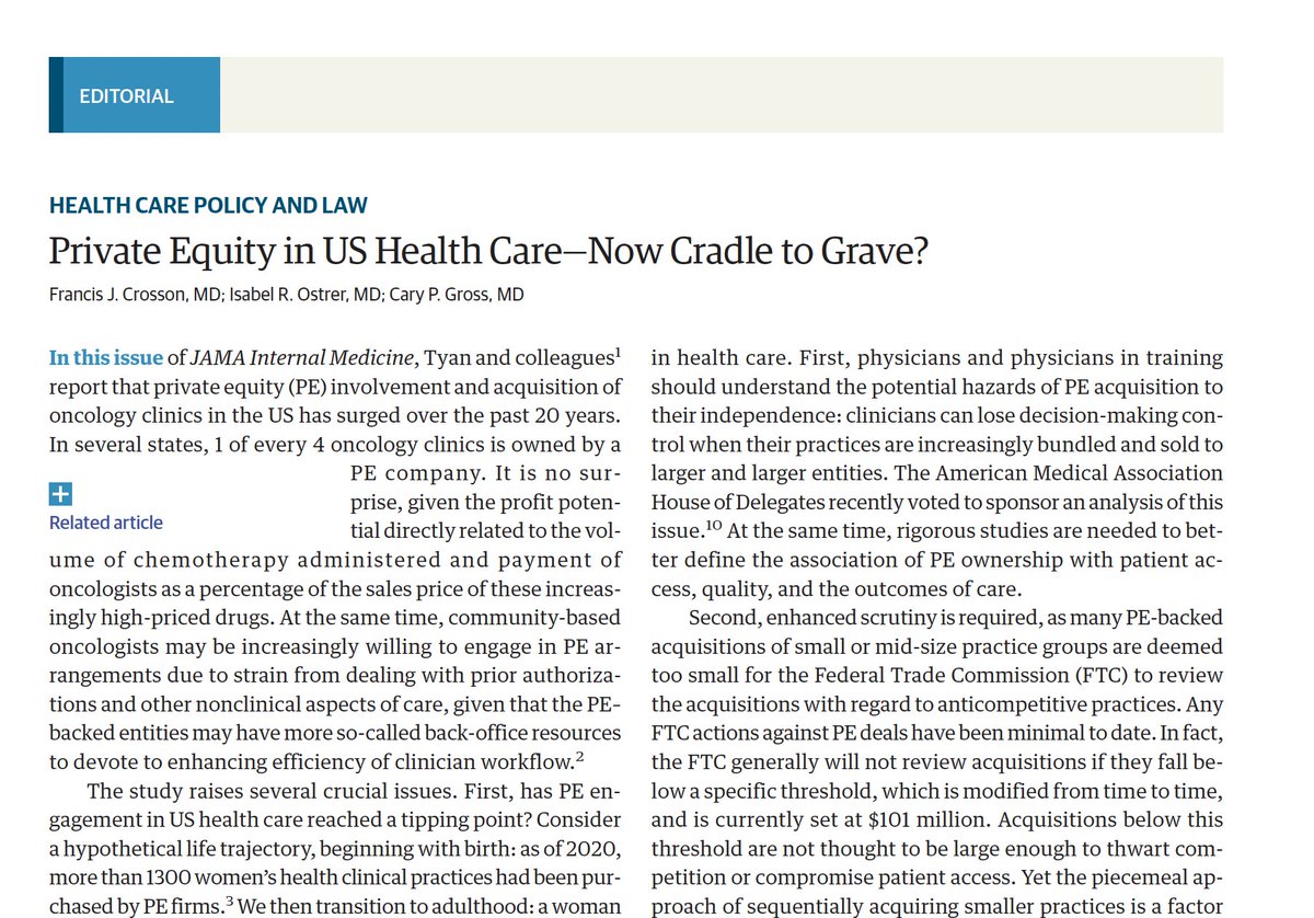 @iostrer @DGlaucomflecken @YaleMed @YaleIMed @JAMA_current @NicoleKuderer @mleapman @simon_p_kim @KevinTyan1 @Mirandalamm @ysingh_hopkins @janemzhu @healthecon_dan What to do? We need to stop incentivizing buy-outs with tax loopholes, FFS billing schema; increase federal scrutiny of mergers, acquisitions; enhance our understanding of the impact of PE ownership (greater transparency, urgent research)
bit.ly/3VovocK