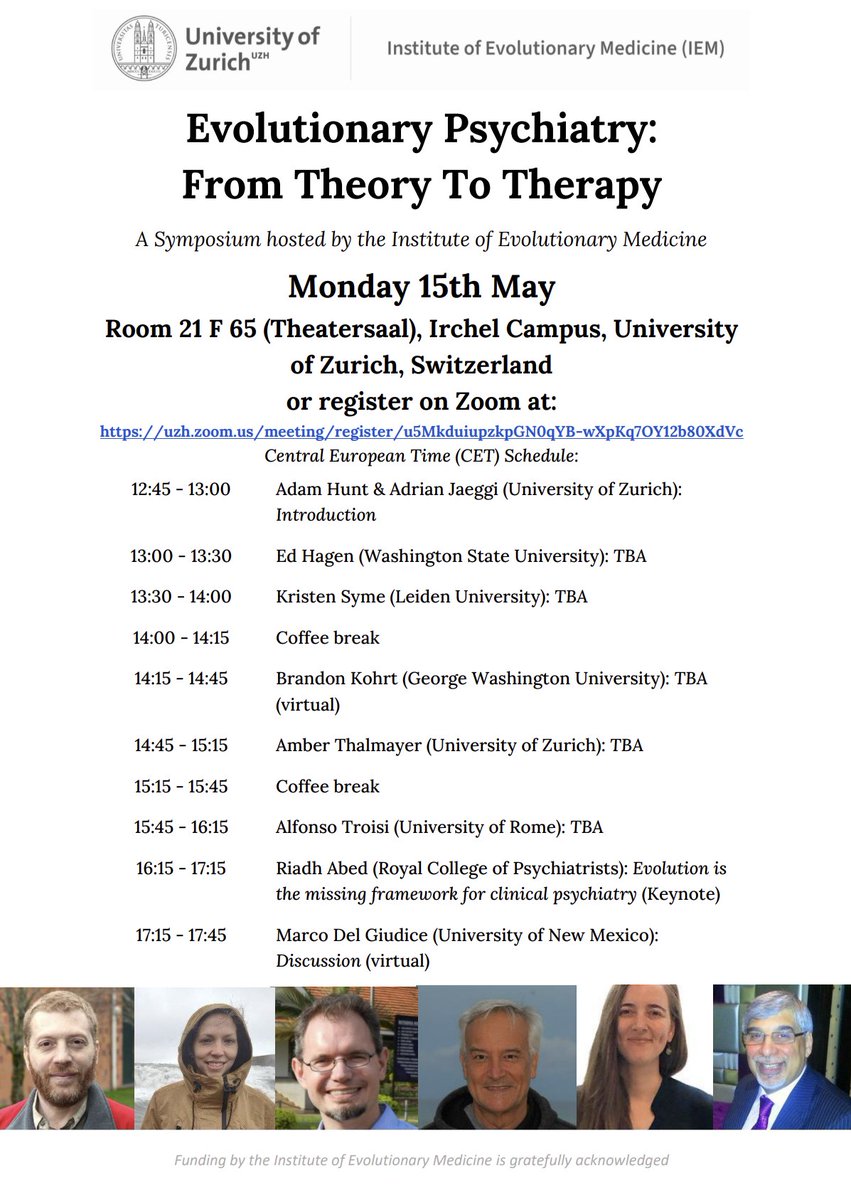 We are hosting the 'Evolutionary Psychiatry: From Theory to Therapy' symposium on May 15th! Talks by leading anthropologists, psychiatrists and cross cultural psychologists interested in non-Western mental health & what it means... Keynote by Riadh Abed. Attendance free!