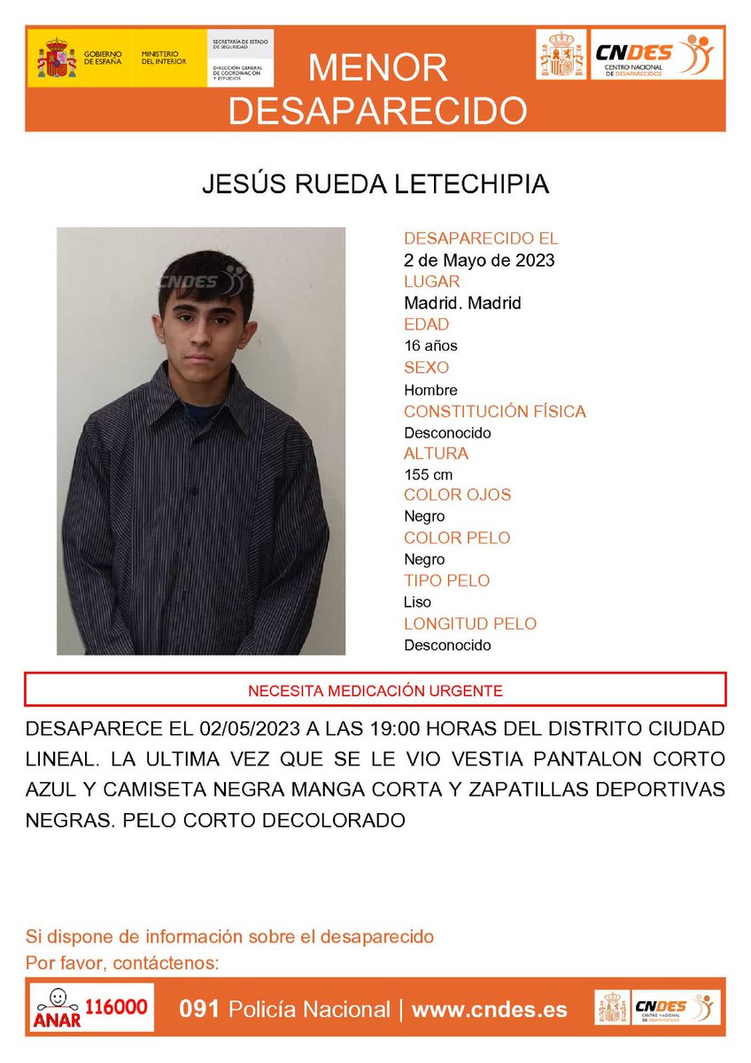⚠URGENTE⚠ Jesús tiene 16 años y ha desaparecido en #Madrid Por favor, si tienes información 📞 llámanos: 091, 062, 112 Tu RT no cuesta nada y puede ayudar a encontrarlo 🙏