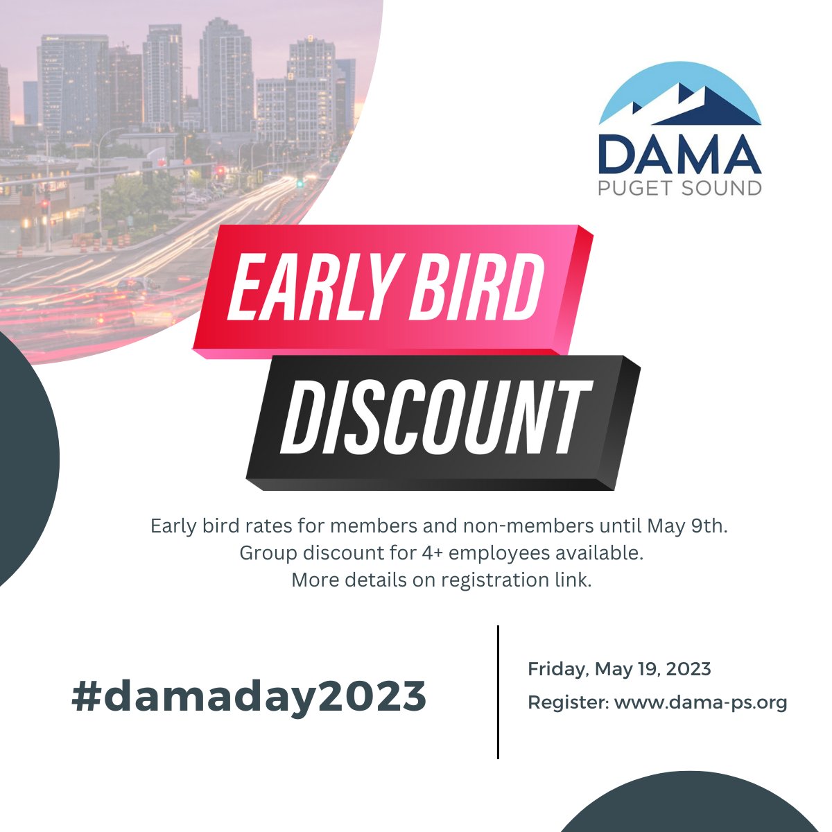 DAMAPugetSound's tweet photo. DAMA Day 2023 is being held on Friday, May 19th. Register now at https://t.co/YG64GYXBrJ to secure your spot and take advantage of early bird discounts.

#dataarchitecture #datamanagement #damaday2023 https://t.co/YwInNdy86T