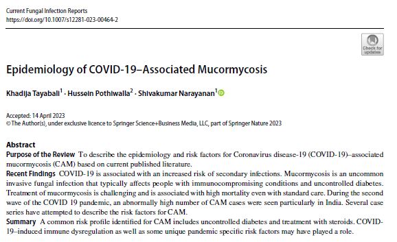 Hot off the press this morning! 

New pub by <a href="/UniversityMD_ID/">University of Maryland ID Fellowship Program</a> Fellow Khadija Tayabali and faculty <a href="/shivn/">Shiva Narayanan</a> Shiva Narayanan + colleague Hussein Pothiwalla:

"Epi of #COVID19 Mucormycosis"

in Current Fungal Infection Reports Journal

link.springer.com/article/10.100…