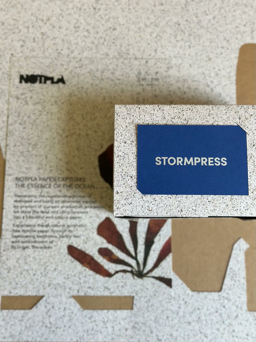 Stormpress's tweet photo. We've been busy product testing this morning! 👀 

We were excited to get our hands on the new @GFSmith Notpla range, this paper is made from the by-product of industrial seaweed farming 🌱 - super unique, and it even smells like the sea! 🌊 

#GFSmith #productdesign #ecofriendly https://t.co/4S0UeS6XCn