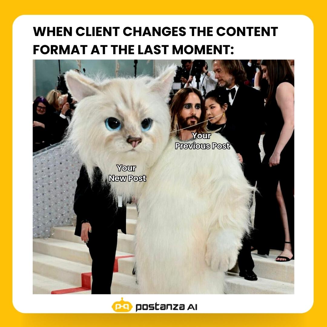 Postanza_ai's tweet photo. Which one is your favourite??
Comment with"πππ" below if you can relate! #PostanzaAI #MetGala2023 #MetGalaMemes #meme #metgala #funny #SMM #SocialMediaManager https://t.co/qXGji9C5aw