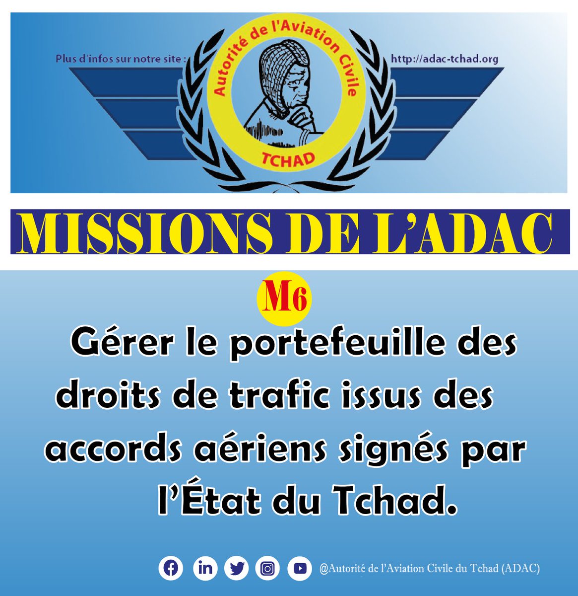 ADAC235's tweet photo. 🅼🅸🆂🆂🅸🅾🅽    🅽°06
Gérer les portefeuilles des droits de trafic issus des accords aériens signés par l'État du Tchad. 
👇🏿👇🏿
#NotreMission 
#Gérer 
#Portefeuilles 
#DroitsdesAccords 
#Accords https://t.co/bLDRIUZRec
