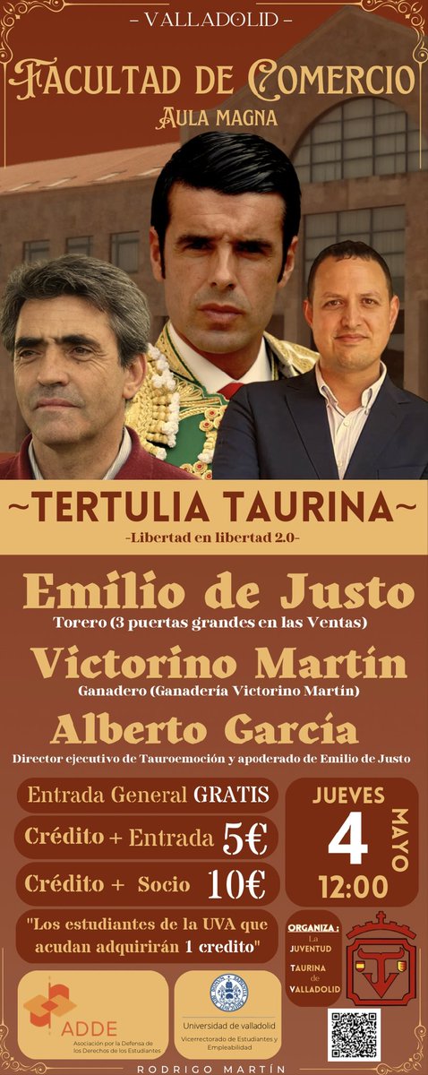 raquelsanz's tweet photo. 🐂 Los aficionados de #Valladolid, especialmente los más jóvenes, tenemos una cita mañana en la @UVa_es.

Un cartel de lujo para presentar a la nueva asociación vallisoletana @juventud_jtv: @victorinotoros, @EmiliodeJusto y @AlbertoGBuj.

¡No te lo pierdas! https://t.co/5g0vIEGQzc