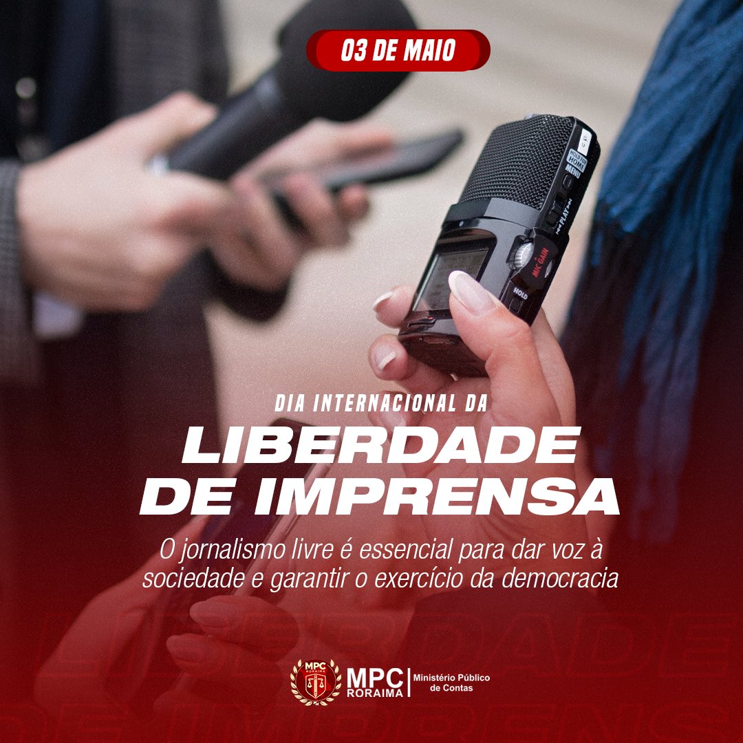 mpcroraima's tweet image. O MPC/RR celebra o Dia Internacional da Liberdade de Imprensa e reforça a importância de uma atuação profissional livre e sem censura. O silenciamento do jornalista é também uma violência contra os direitos da população de acesso à informação. 

#MPCRR #Imprensa #Democracia