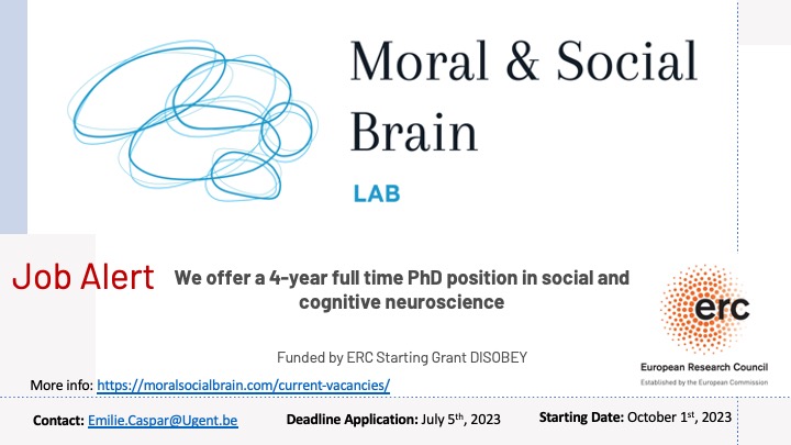 !! Job Alert !!
We are recruiting a PhD student to work on the ERC Starting Grant project DISOBEY, which aims to uncover what neuro-cognitive processes allow individuals to resist orders to hurt another person.
&gt;&gt; See post here: euraxess.ec.europa.eu/jobs/102550
<a href="/ERC_Research/">European Research Council (ERC)</a> 
<a href="/ugent/">UGent</a>
