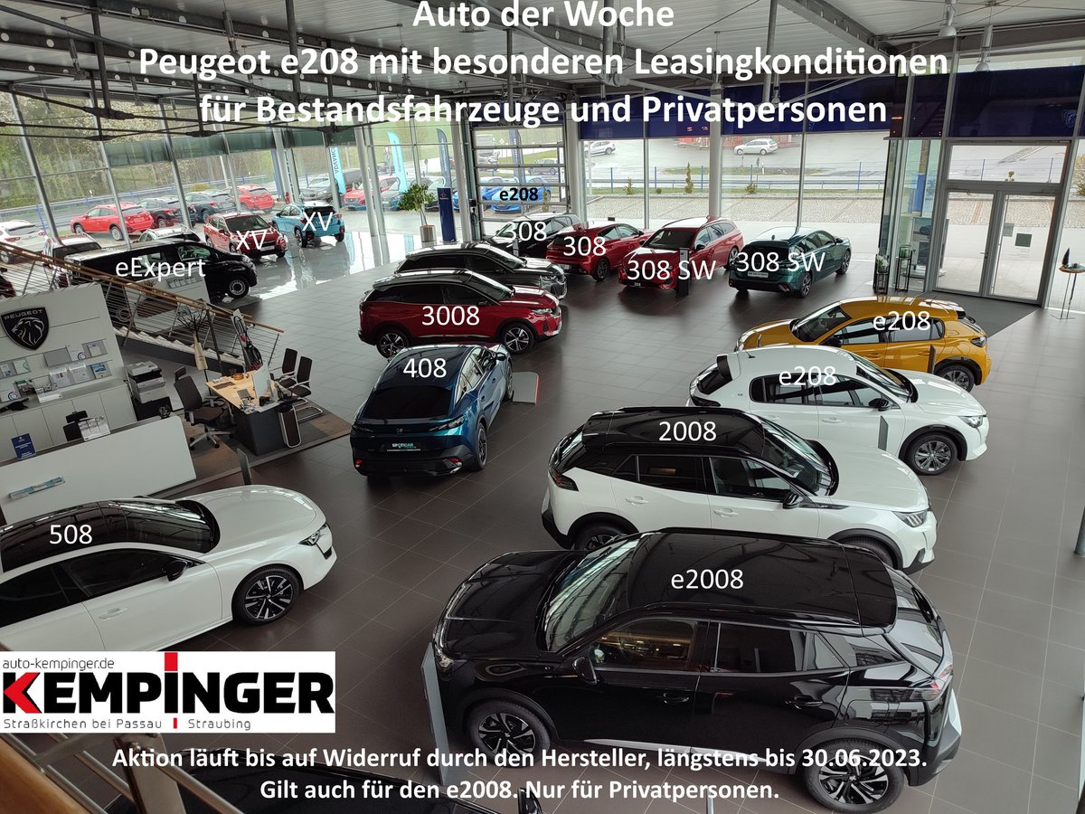 AutoKempinger's tweet photo. Für dich gibt es jetzt vorrätige Peugeot e208 und e2008 zu besonders günstigen Leasingkonditionen.

Aktion läuft bis alle Autos weg sind, die Aktion widerrufen wird, längstens bis 30.06.23

#autohauspassau #peugeot208 #peugeot2008 #sonderangebot #kempinger https://t.co/3vsEJstL4J