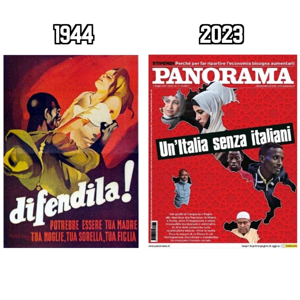 Tutti i crimini d’odio inziano con questa propaganda razzista complottista della “sostituzione etnica” promossa dai regimi criminali fascisti che hanno ucciso milioni di persone.

Questa copertina è incitamento all’odio, alla violenza e radicalizza terroristi come Luca Traini…