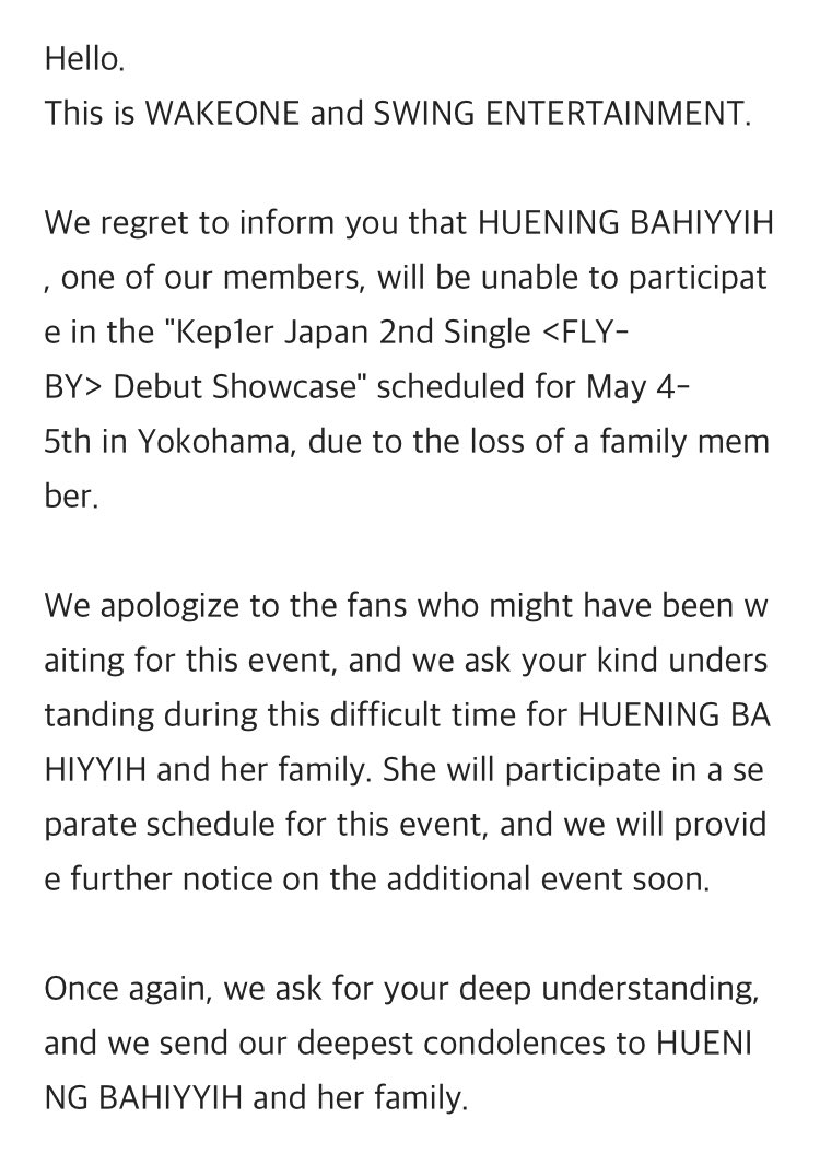 FRANCE_KEP1ER's tweet photo. ╭ 📄 • 03.05.23  ╮

→ #HUENING_BAHIYYIH ne sera pas présente au Showcase FLY-BY à Yokohama en raison de la perte d'un membre de sa famille

Toutes nos condoléances à #BAHIYYIH &amp; ses proches 

₍ 🦉• #KEP1ER #케플러 ₎ https://t.co/tV3T0Opzry